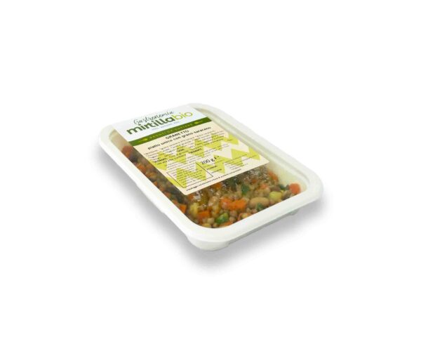 Confezione piatto pronto monoporzione Granetto piatto unico con grano saraceno con legumi, zucchine e carote su piatto bianco