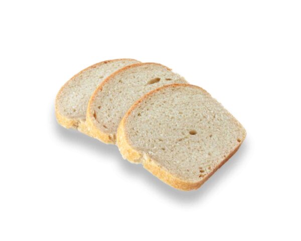 Fette di pane biologico Pane Fermento Amico di MirtillaBio su uno sfondo neutro