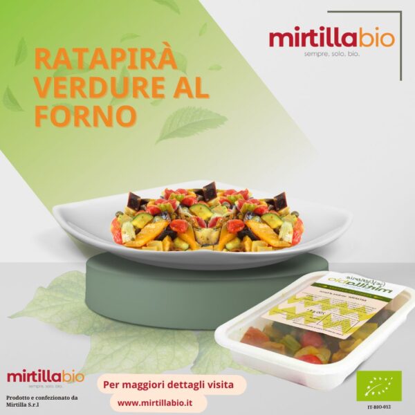 prodotto Ratapirà Verdure al Forno di Mirtillabio, un piatto pronto a base di verdure biologiche, con confezione e piatto servito su sfondo verde e logo Mirtillabio.